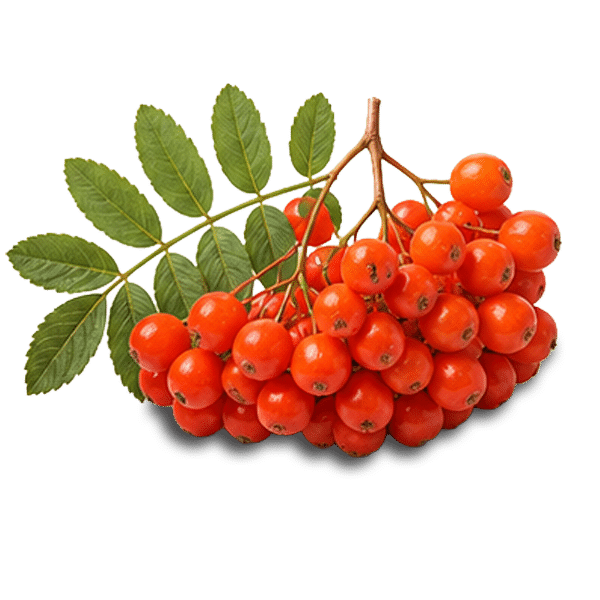 Cluster of bright red rowan berries on a brown stem with green pinnate leaves